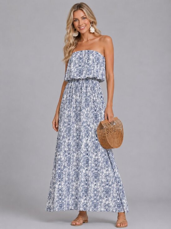Dresses & Skirts - Women’s Blue White Porcelain Boho Strapless Ruffle Maxi Dress Beach Vacation